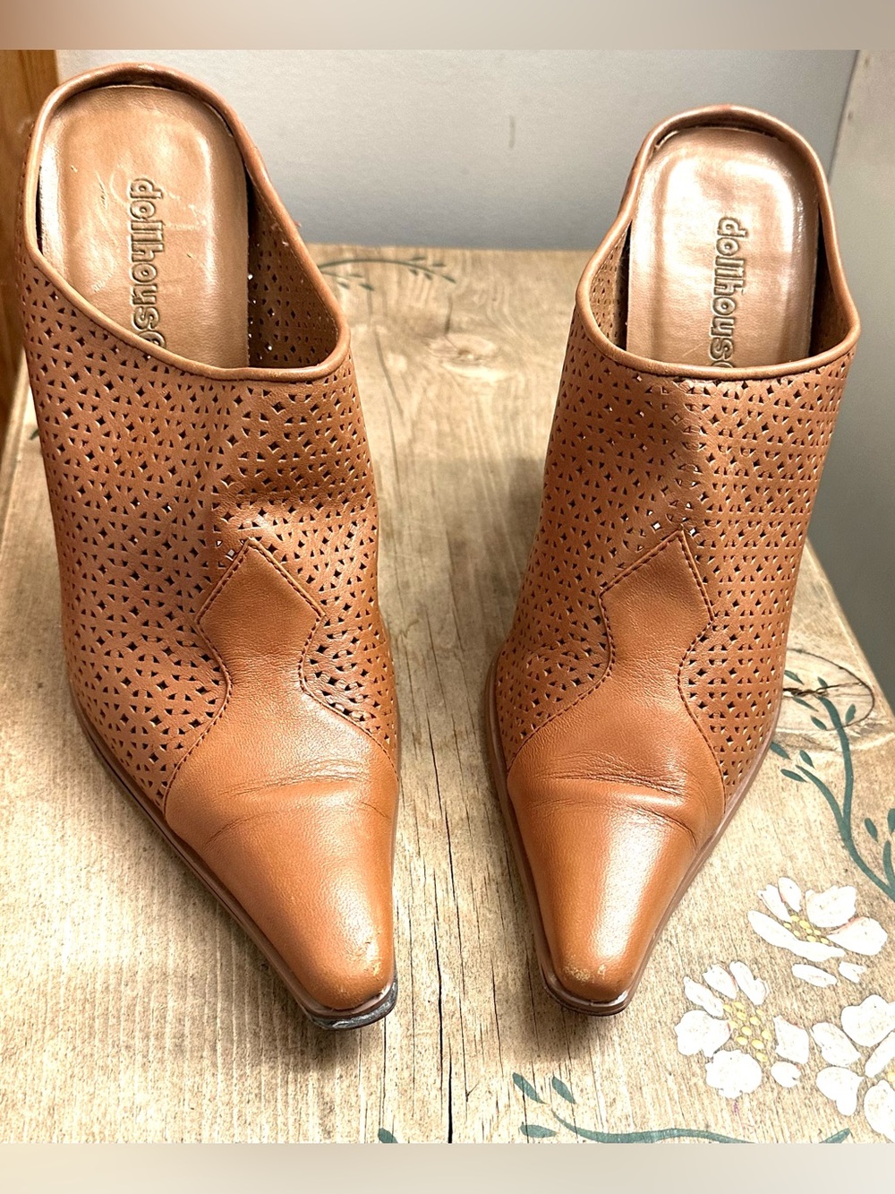 Dollhouse Tan Perforated Pointed-Toe Slip-On Mules